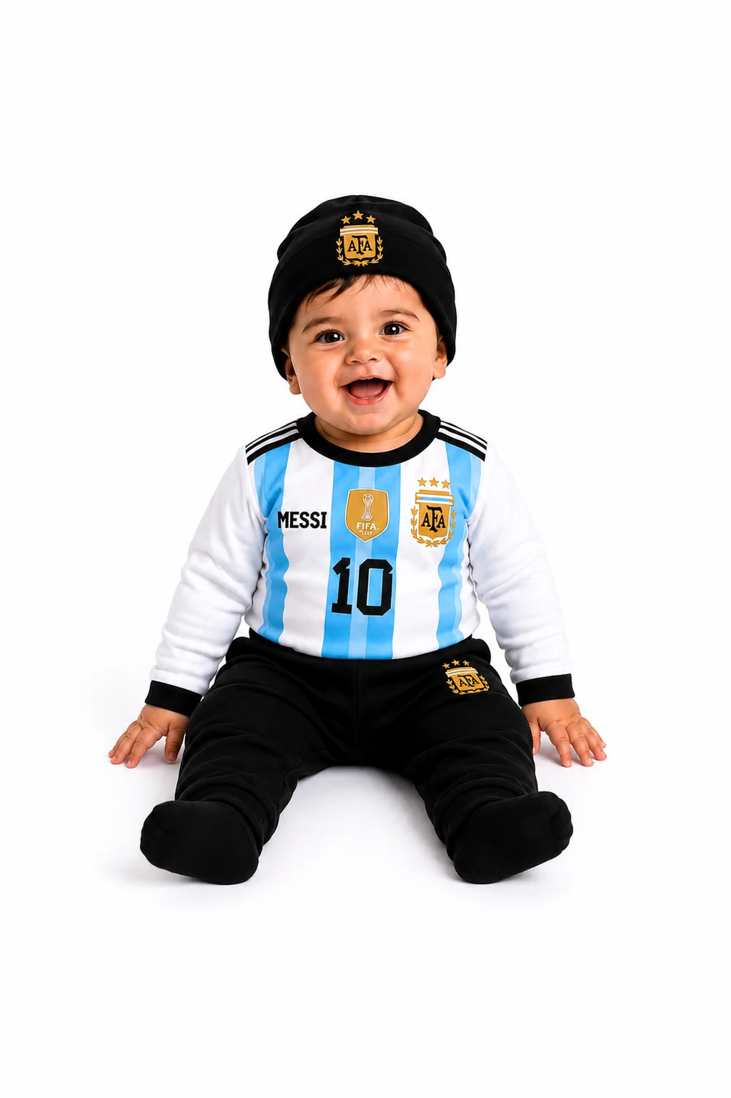 Conjunto Body, Pantalón y Gorro Argentina color Celeste/Negro/Blanco - Tasmy