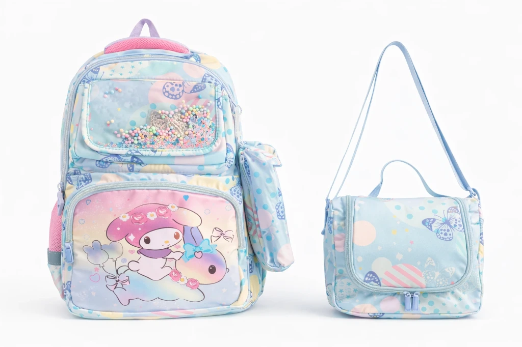 Mochila cuatro cierres y abrojo 3 piezas kuromi (lonhera y cartuchera)